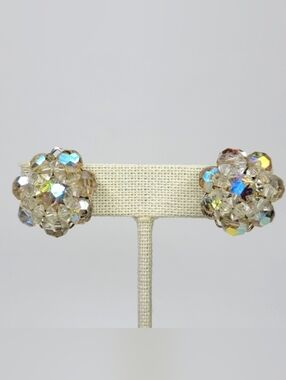 Vintage Alice Caviness Aurora Borealis Glass Bead Cluster Clipon Earrings